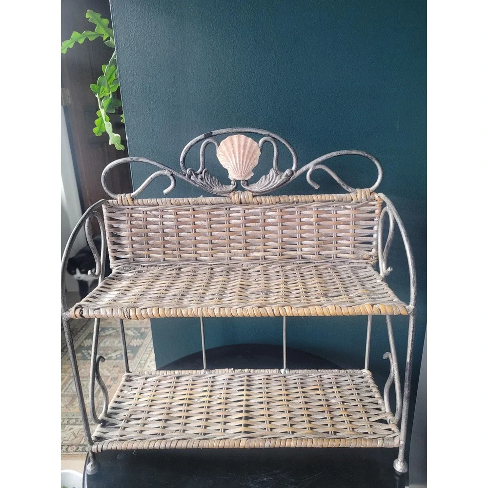 Coastal Wicker & Metal Two-Tier Shelf | French Country Cottage Decor Seashell